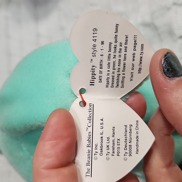 🕸Rare Mint 1996 Ty Hippity Green Bunny Beanie Babies Tag Errors PVC 4119 - Picture 6 of 9